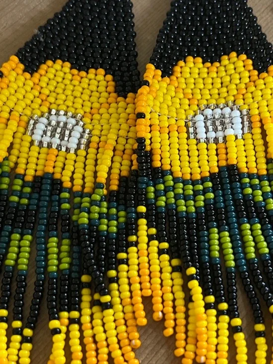 Handmade Beaded Sunflower Fringe Earrings - Yellow & Black - Picture 5 of 13